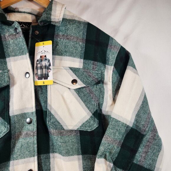 HFX Womens Flannel Shirt Jacket Size Small Green White Plaid Snap Up Pockets - Picture 3 of 16